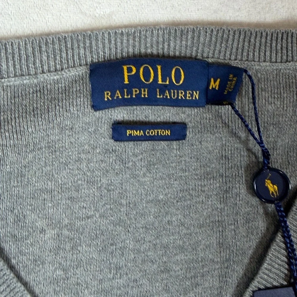 NWT Polo Ralph Lauren Medium Pima Cotton V-Neck Sweater in Gray With Horse Logo